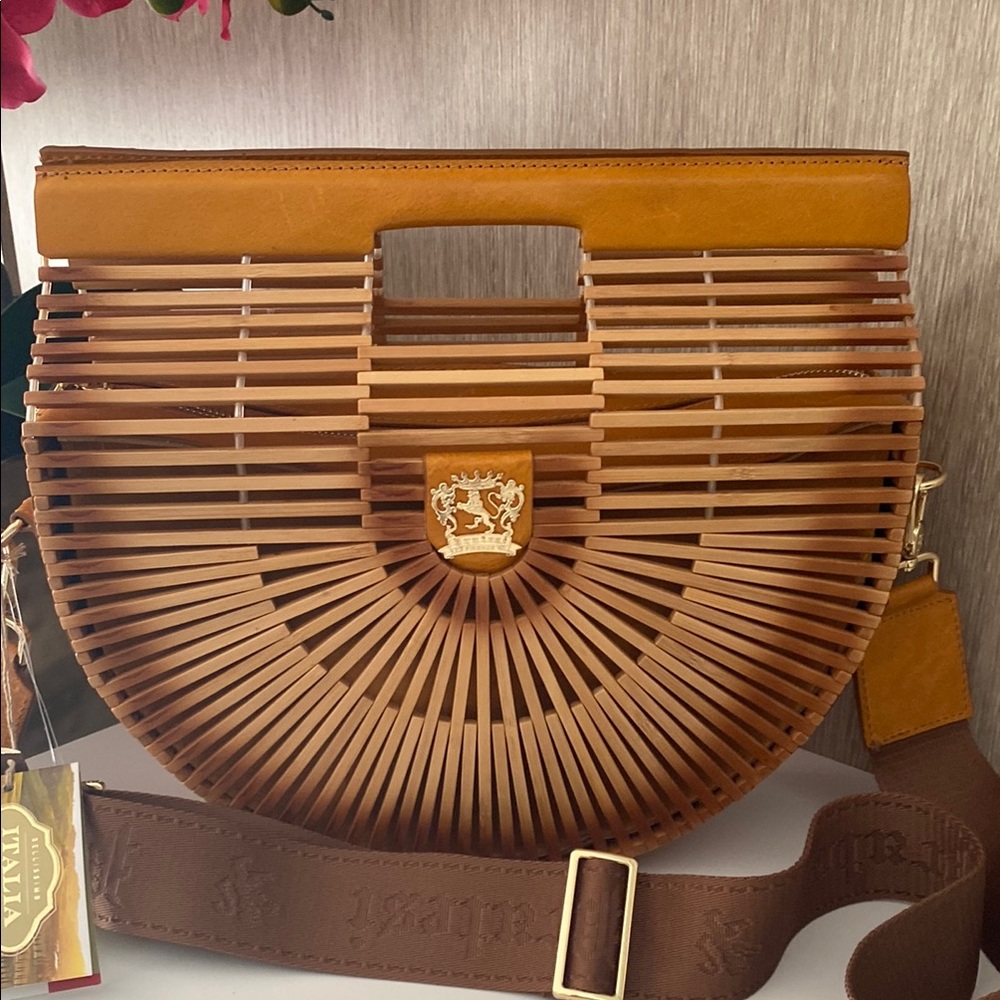 Authentic Pratesi Firenze Tan Wooden Arc Bag Made in Italy